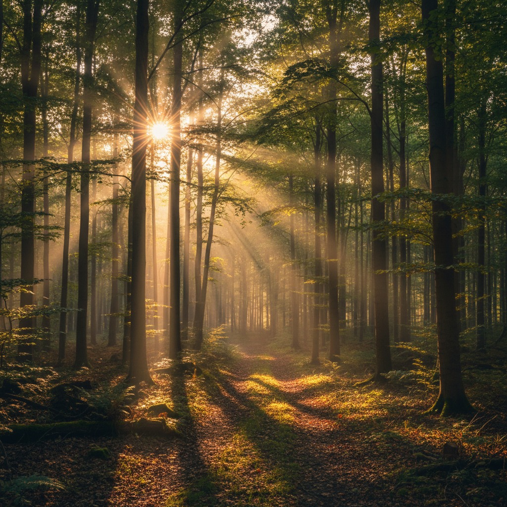 Zonnestralen schijnen door de bomen in een bosrijk pad tijdens de zonsopgang.