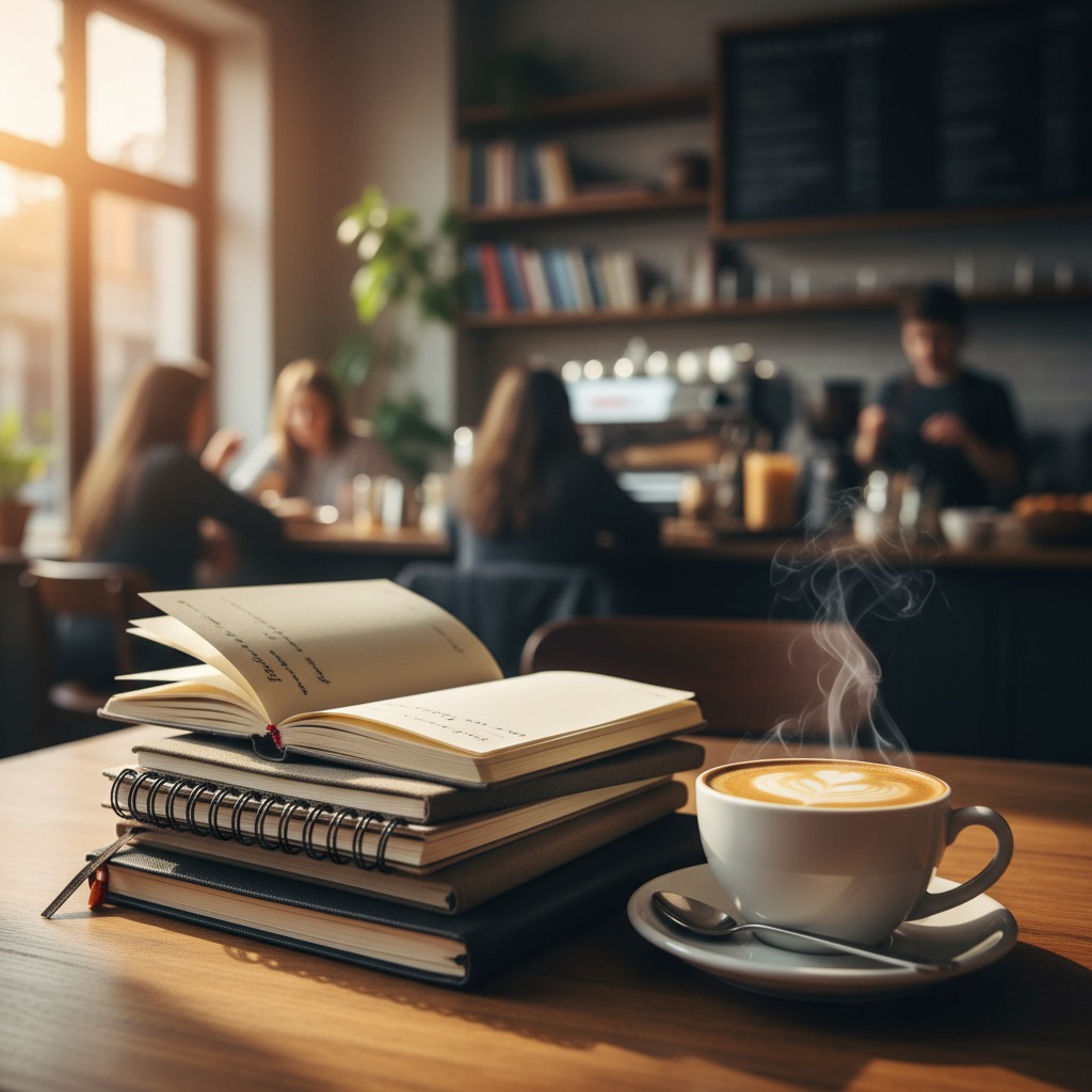 Een stapel notitieboeken en een dampende kop koffie staan op een houten tafel in een gezellig café.