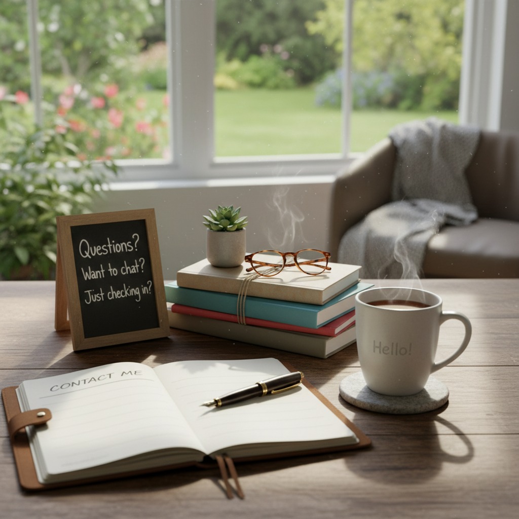 Een houten bureau met een open notitieboek, een dampende mok met de tekst 'Hello', een stapel boeken met een bril en een krijtbordje met de tekst 'Questions? Want to chat? Just checking in?'.