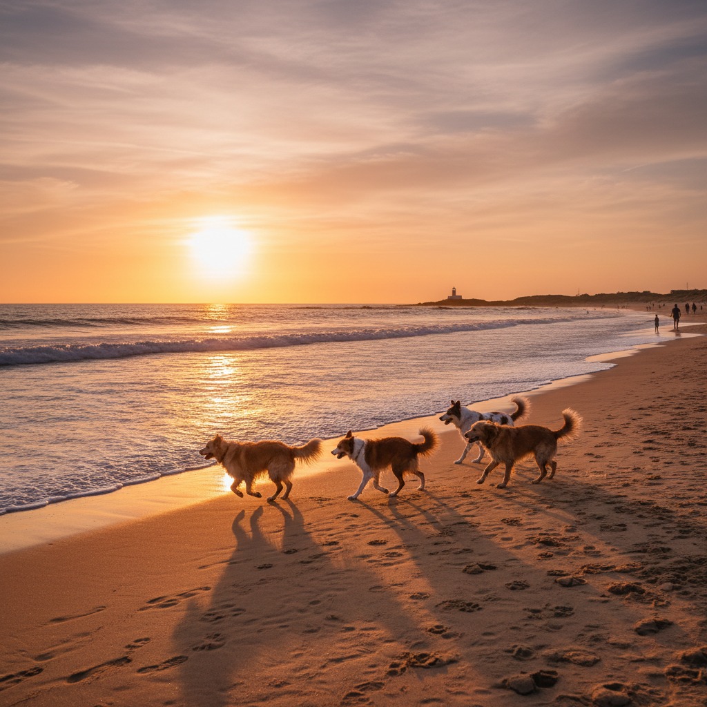 Vier honden rennen vrolijk over het strand langs de vloedlijn bij een warme zonsondergang.